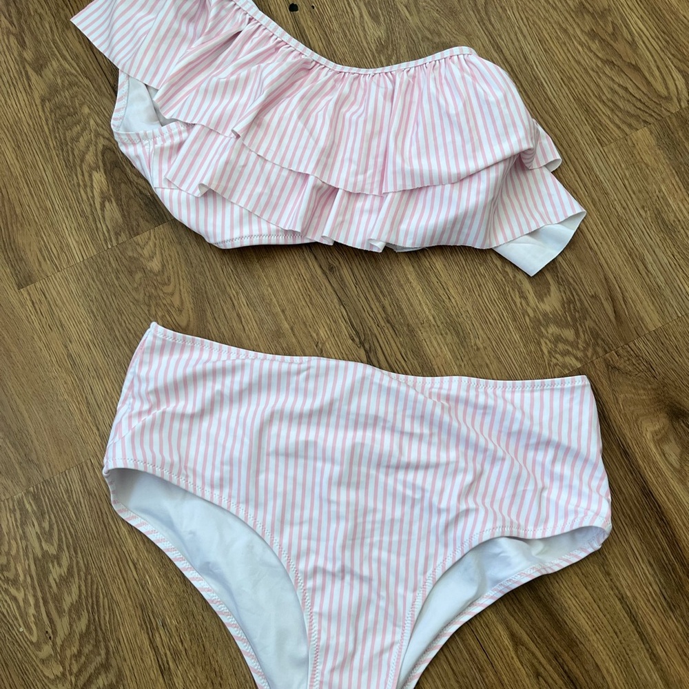 Striped Pink Ruffle One Shoulder Bikini